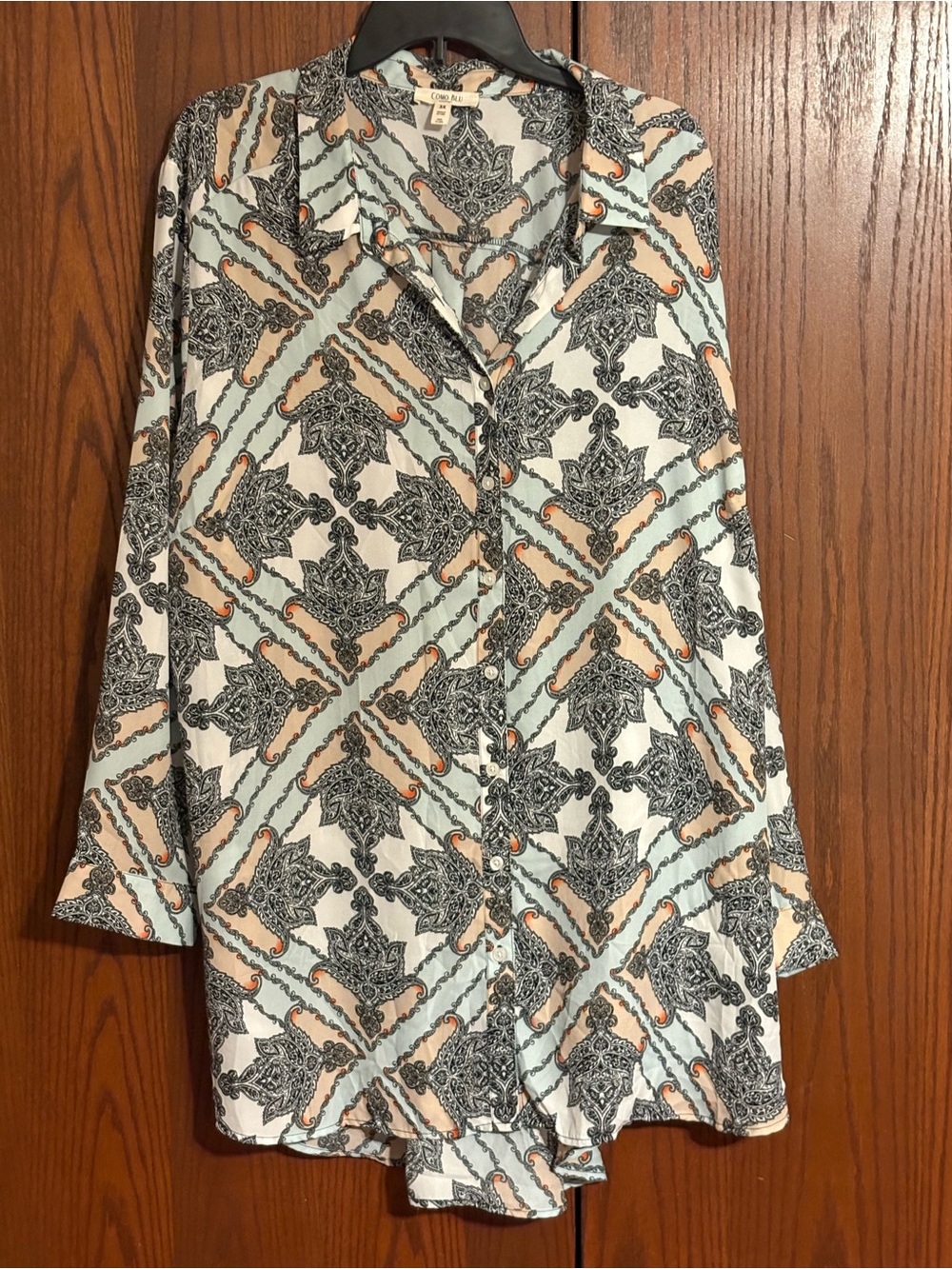 Como Blu White Button-Down Shirt with Light Blue and Tan Print 3X